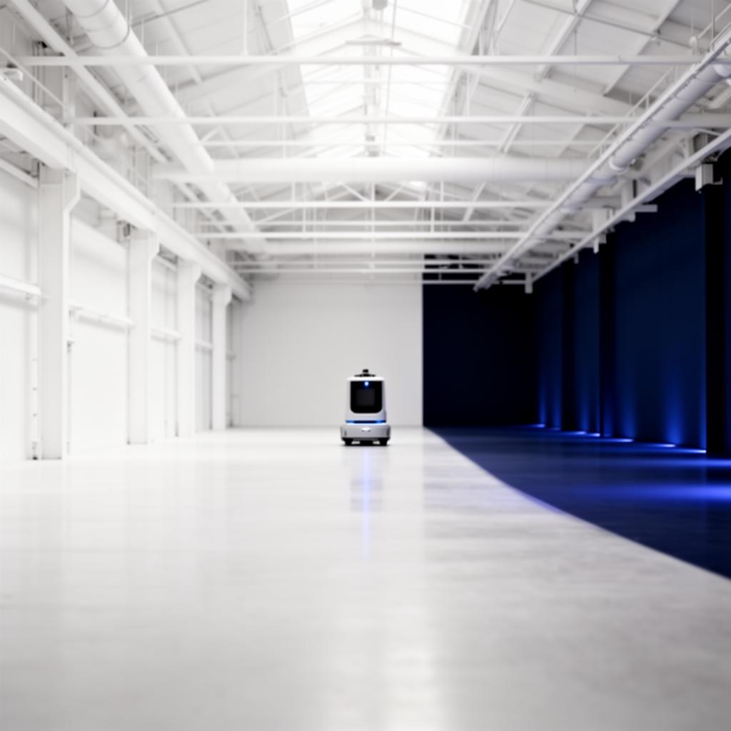 An autonomous mobile robot moving through a vast white facility, edge lit in deep navy