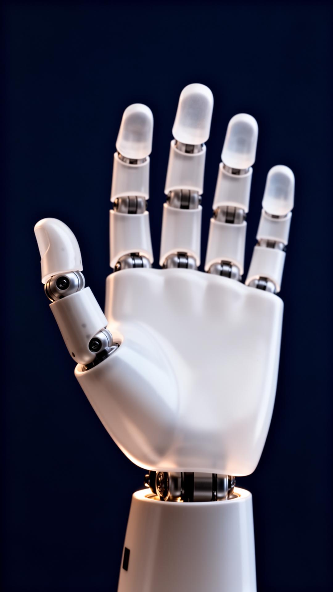 A humanoid robotic hand reaching upward, lit against a deep navy field