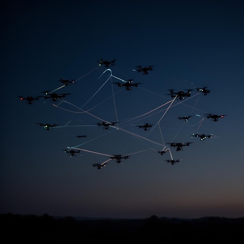 An autonomous drone swarm at dusk, light trails forming a constrained field